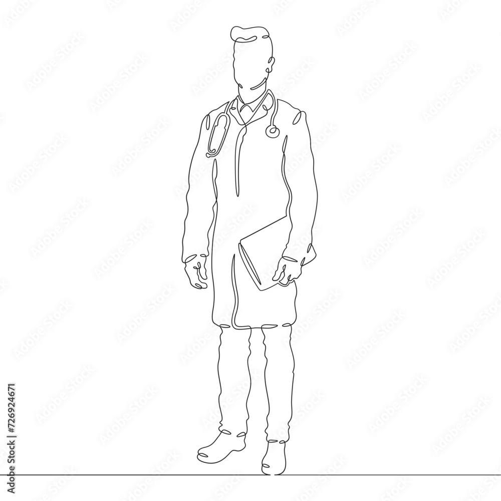 General practitioner. Full-length portrait of the doctor on duty. Doctor in a medical gown. Doctor with a stethoscope. One continuous line drawing. Linear. Hand drawn, white background. One line