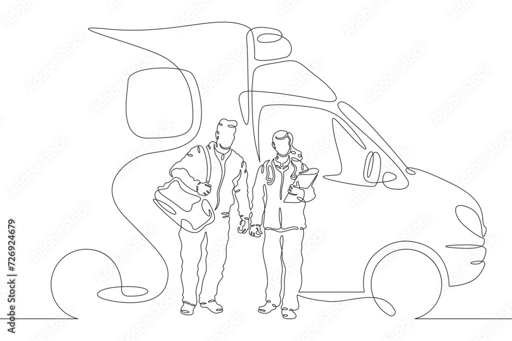 Emergency medical doctors. Ambulance. Doctors rush to help the patient. Doctors on duty. Ambulance car.One continuous line drawing. Linear. Hand drawn, white background. One line