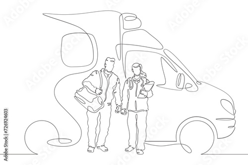 Emergency medical doctors. Ambulance. Doctors rush to help the patient. Doctors on duty. Ambulance car.One continuous line drawing. Linear. Hand drawn, white background. One line