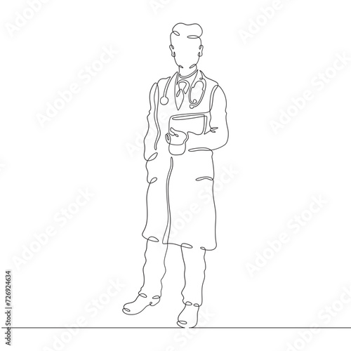 General practitioner. Full-length portrait of the doctor on duty. Doctor in a medical gown. Doctor with a stethoscope. One continuous line drawing. Linear. Hand drawn, white background. One line