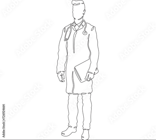 General practitioner. Full-length portrait of the doctor on duty. Doctor in a medical gown. Doctor with a stethoscope. One continuous line drawing. Linear. Hand drawn, white background. One line