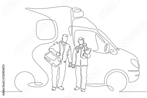 Emergency medical doctors. Ambulance. Doctors rush to help the patient. Doctors on duty. Ambulance car.One continuous line drawing. Linear. Hand drawn, white background. One line