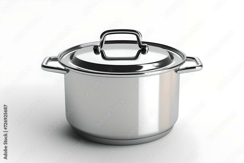 Shiny stainless steel pot on a white background. modern kitchenware for healthy cooking. simple and clean design. high-resolution image suitable for advertising. AI Shiny stainless steel pot on a white background. modern kitchenware for healthy cooking. simple and clean design. high-resolution image suitable for advertising. AI