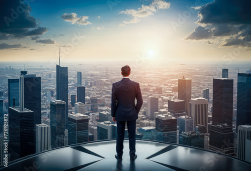 successful businessman in suit standing on rooftop, CEO looking through window at big city buildings, planning new project. businessman is seen from behind, his attention fixed on cityscape below