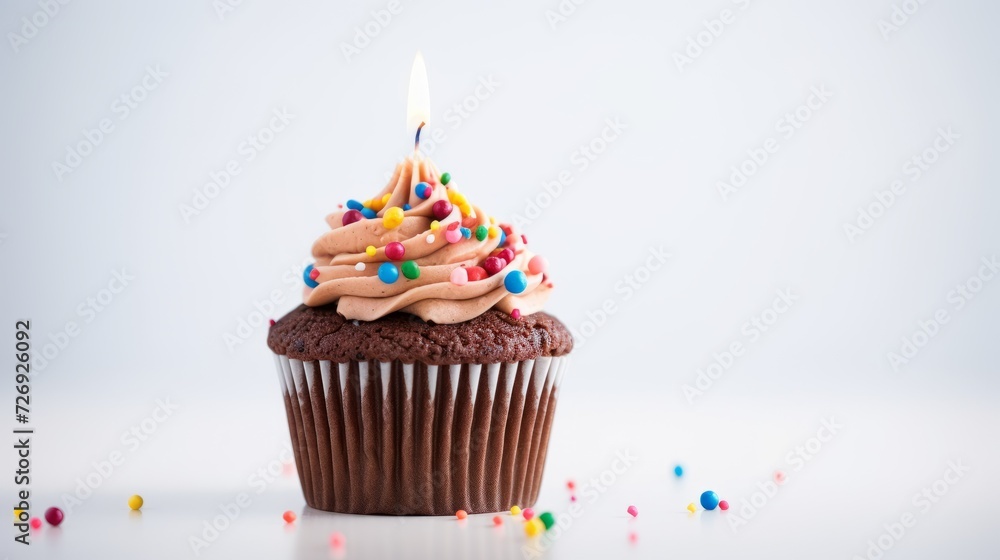 A close-up of one delicious chocolate cupcake with a festive candle on a white background with a copy space. Happy Birthday!