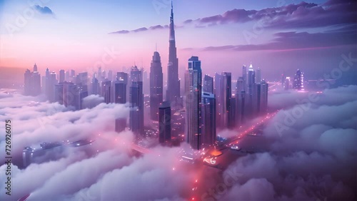 Dubai skyline, an impressive aerial top view of the city in Dubai Marina on a foggy photo