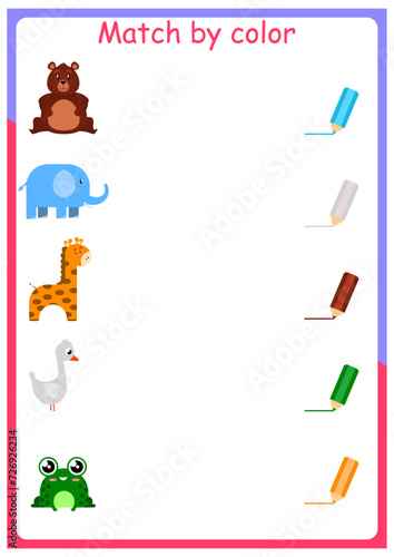 Educational color matching game. Printable worksheet for preschool children. Learning colours. match by color. 