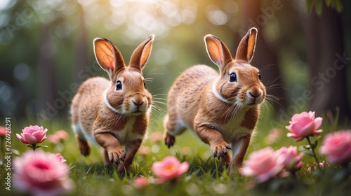 cute wild brown bunny couple in a running on field of flowers, rabbits running outside  © Pradeep leo