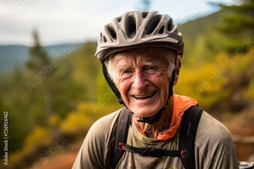 Portrait of an elderly man with a mountain bike in the mountains