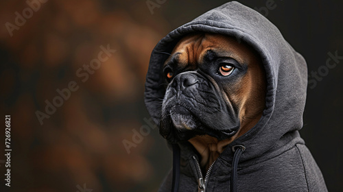 a Dog in a Hoodie, Captured in an Illustration with a Serious Expression against a Solid Background.