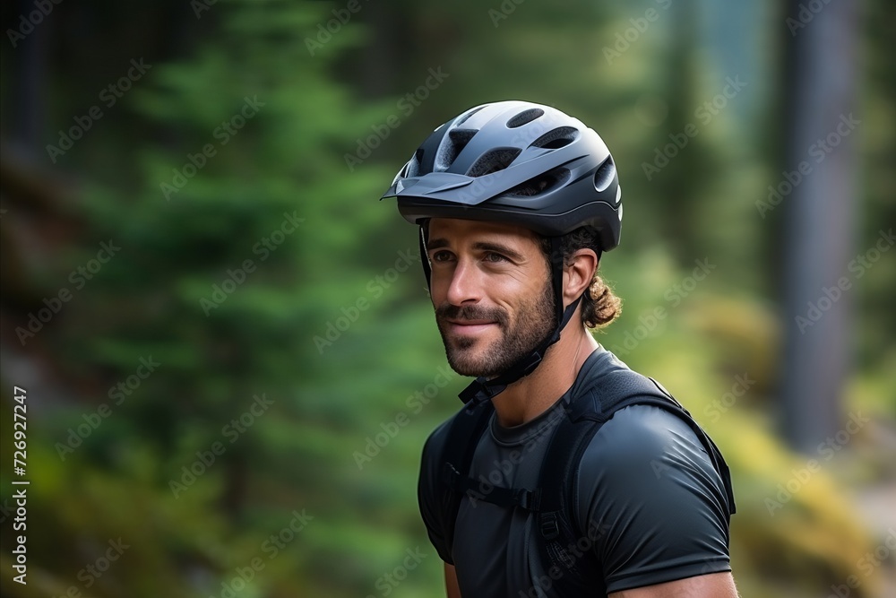 Portrait of a handsome man wearing bicycle helmet on a forest trail