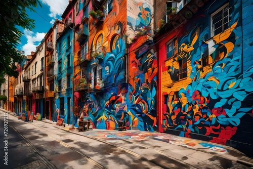 A vibrant street art vista, with colorful murals adorning the walls of a city, showcasing artistic expressions and adding a burst of creativity to the urban scenery.