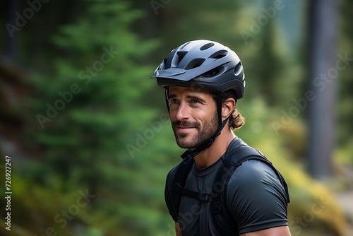 Portrait of a handsome man wearing bicycle helmet on a forest trail © Nerea