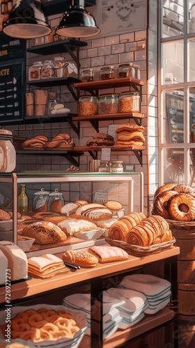 Shelves of bread and pastries in a bakery with a window