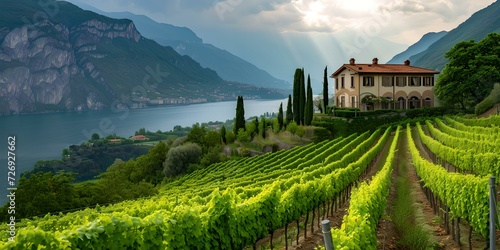 Serenity at a lakeside vineyard estate. lush green vines and majestic mountains. ideal for wine connoisseurs and travel themes. perfect for postcards and backgrounds. AI photo