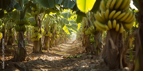 Lush banana plantation pathway under a sunny sky. tranquil tropical farm, vibrant green foliage, ripe bananas ready for harvest. AI