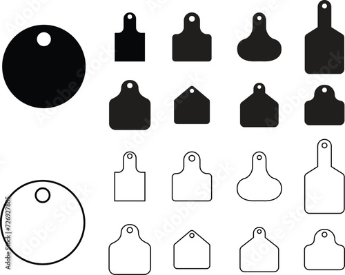 Set of Cow Tags icons. Ear tag signs beefs symbols. Ear tags for cattle. Black flat identification editable stock for farm animals on transparent background. Earmark mockup for livestock Vectors.