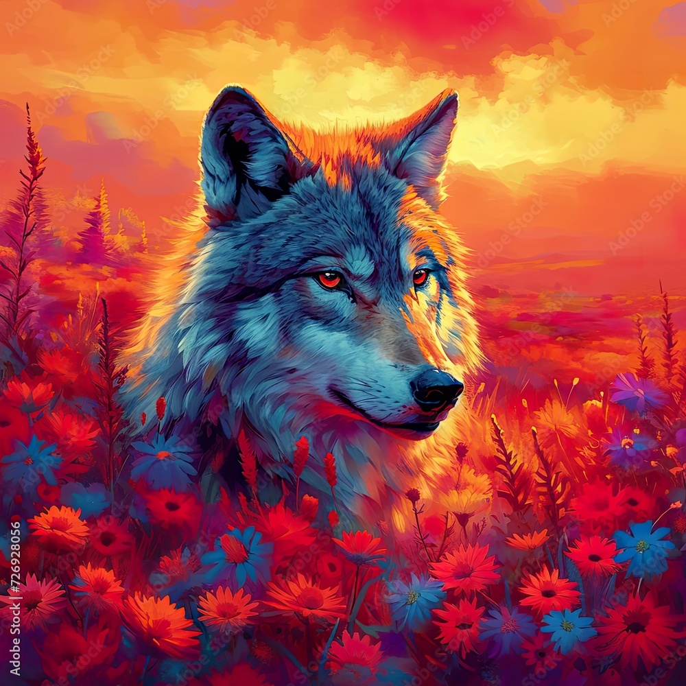 Naklejka premium Magic Wolf With Flowers Multicolor