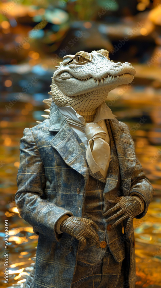 Couture crocodile in a tailored suit, accessorized with a silk tie, against a riverside chic backdrop, lit with shimmering waters, emanating modern sophistication and allure