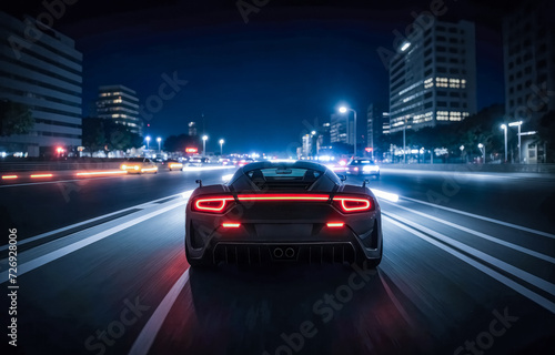 Sportscar races down night track, cityscape illuminated in distance. Tail lights streaking, reflecting off wet asphalt. High-speed pursuit under moonlit sky, urban skyline twinkling
