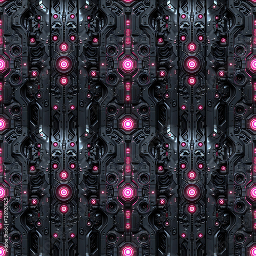 Dark Gray Alien Tech Sci-fi Wall with Pink Lights. Seamless Repeatable Background.
