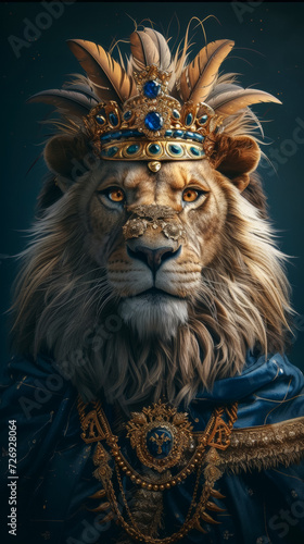 Majestic lion with a regal crown of feathers, draped in a silk cape, adorned with sapphire jewelry, against a midnight blue background, lit with golden hues, exuding confidence and power © Дмитрий Симаков