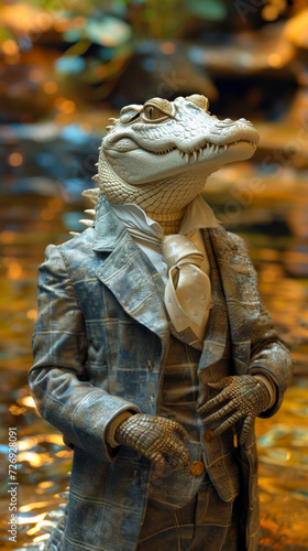 Couture crocodile in a tailored suit, accessorized with a silk tie, against a riverside chic backdrop, lit with shimmering waters, emanating modern sophistication and allure