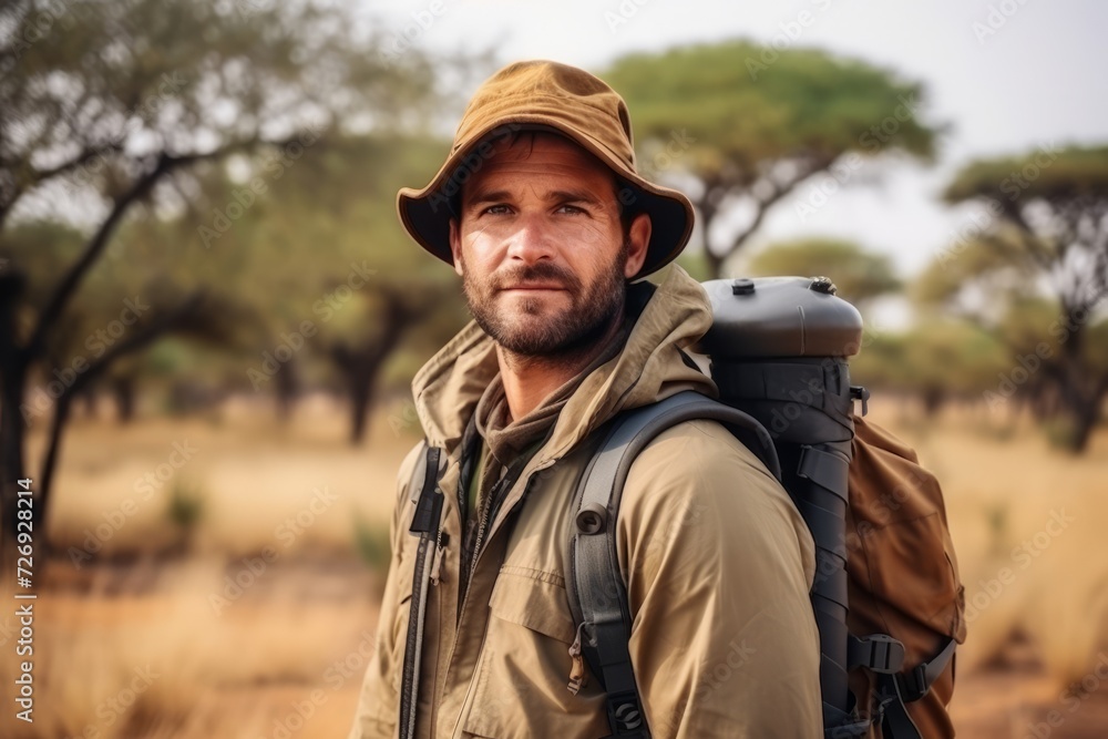 Hiker in the savannah of Namibia, Africa. Man with backpack and hat.