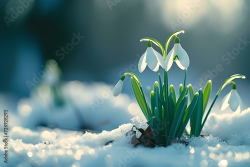 Snowdrops emerging through snow in early spring. delicate white flowers signify renewal and growth. nature awakening. AI