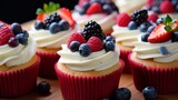 Close-up of many delicious multicolored cupcakes decorated with delicate curd cream and berries, blackberries, raspberries, strawberries, blueberries. Pastries, desserts, cakes, pastry concepts.