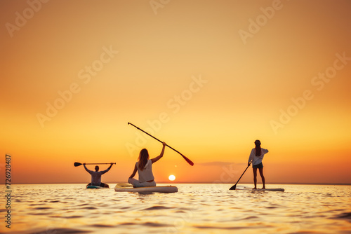 Group of happy young friends are relaxing with stand up paddle sup boards at calm sunset lake