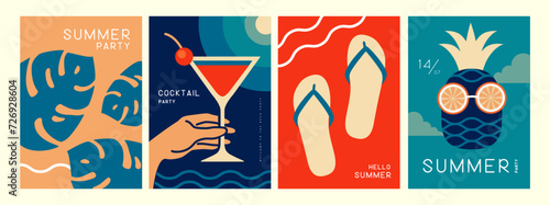 Set of retro posters with summer attributes. Cocktail cosmopolitan, tropic leaf, flip flops and pineapple with glasses. Vector illustration