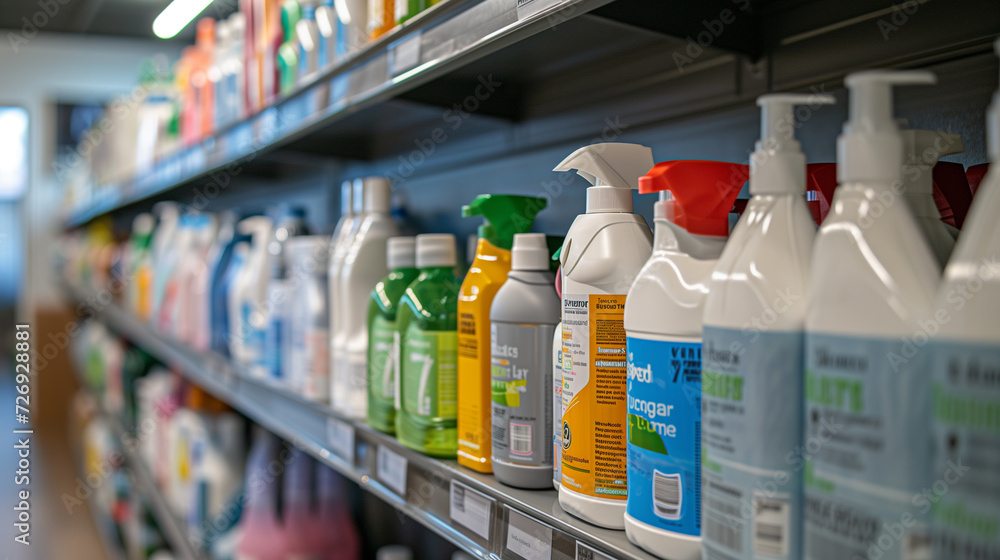 Closeup of various cleaning chemical bottles on a department store shelf. - obrazy, fototapety, plakaty 