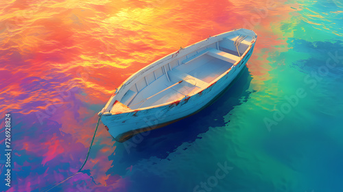 A white boat floating on a rainbow reflection of sea and the sky is blue 