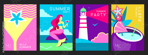 Set of retro summer posters with summer attributes. Cocktail silhouette, pina colada, mermaid, lighthouse and sea. Vector illustration