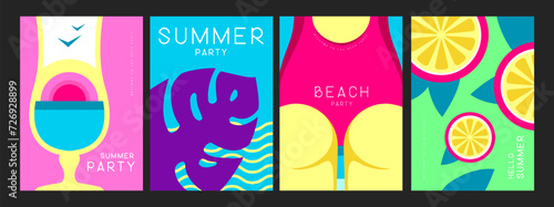 Set of retro summer posters with summer attributes. Cocktail silhouette, tropic leaf, girl in swimsuit and fruit slices. Vector illustration