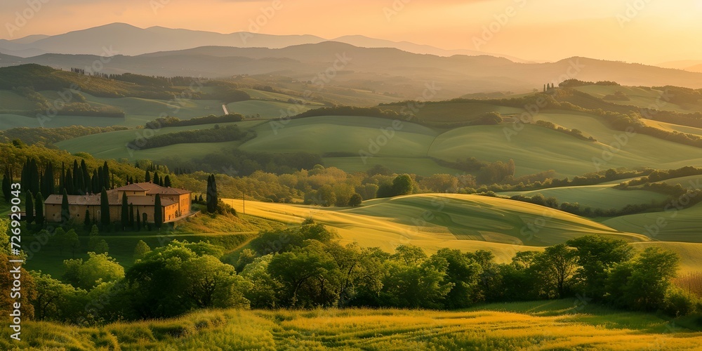 Idyllic tuscan landscape at sunrise, rolling hills and rustic villa. serene nature scene perfect for wall art or travel brochures. AI
