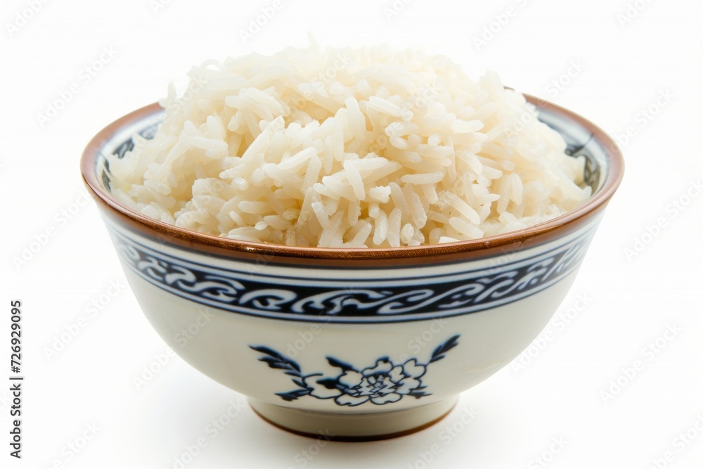 Closeup view of cooked white rice in a bowl isolated on white background Closeup view of cooked white rice in a bowl isolated on white background