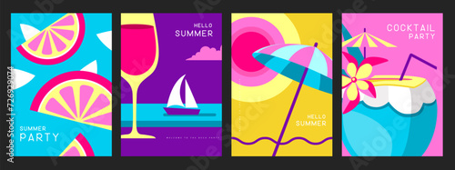 Set of retro posters with summer attributes. Wine glass silhouette, pina colada, fruil slices, beach umbrella and ship. Vector illustration