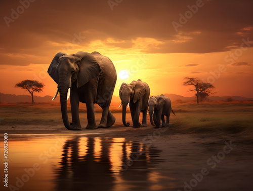 Elephants family walking in sunset