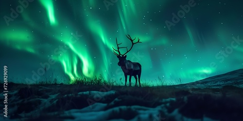Majestic stag under the northern lights in a winter night landscape. dreamy nature scenery. ethereal outdoor moment. AI