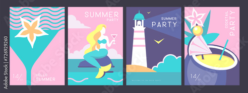 Set of retro summer posters with summer attributes. Cocktail silhouette, pina colada, mermaid, lighthouse and sea. Vector illustration