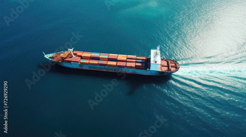 A birds-eye view of a cargo ship navigating the boundless sea
