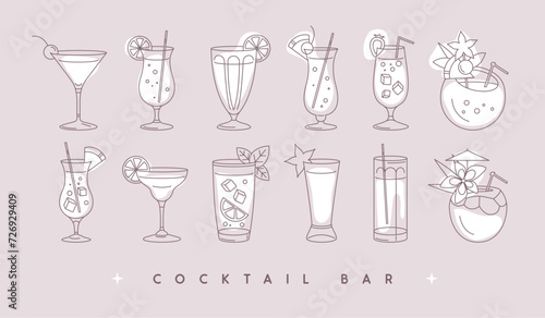 Set of modern line art cocktails in different types of glasses. Cocktail menu design. Vetor illustration