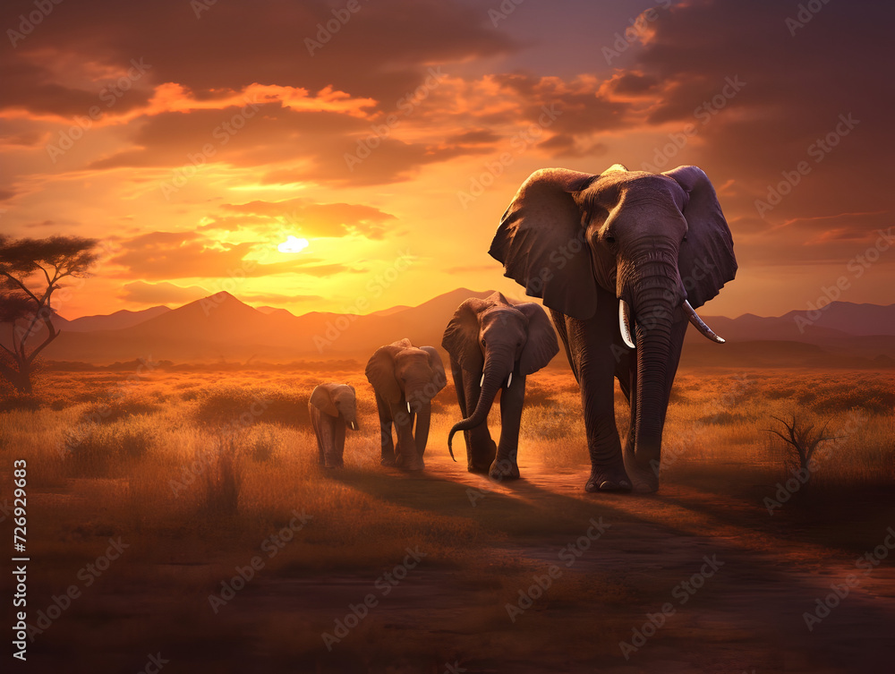 Obraz premium Elephants family walking in sunset