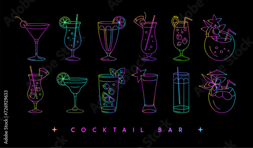 Set of modern fluorescent line art cocktails in different types of glasses. Cocktail menu design. Vetor illustration