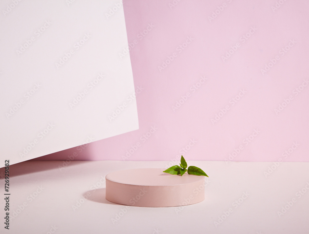 a pink circle podium against pink and light pink background. An empty platform for display cosmetic products, food and props.