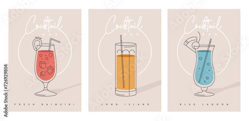 Set of modern cocktail party posters with cocktails in different types of glasses. Cocktail menu design. Vector illustration
