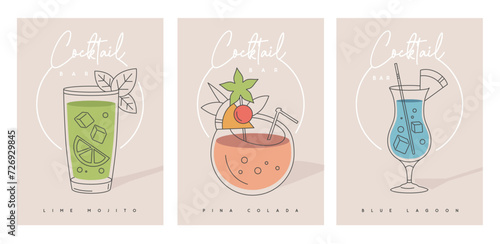 Set of modern cocktail party posters with cocktails in different types of glasses. Cocktail menu design. Vector illustration
