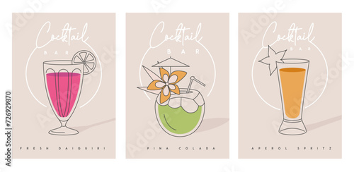 Set of modern cocktail party posters with cocktails in different types of glasses. Cocktail menu design. Vector illustration